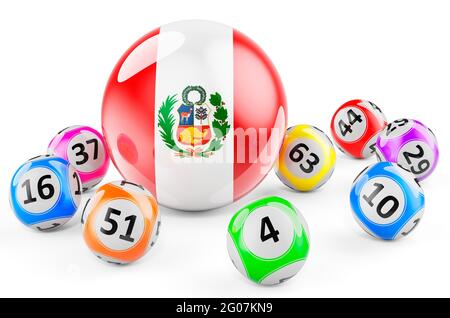 Lotto-Kugeln mit peruanischer Flagge. Lotterie in Peru Konzept, 3D-Rendering isoliert auf weißem Hintergrund Stockfoto