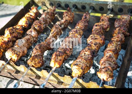 Shashlik oder Shish Kebab Vorbereitung auf Grill über heiße Holzkohle. Gegrilltes Schweinefleisch auf Metallspießen. Stockfoto