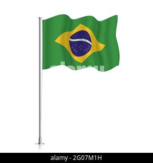 Die brasilianische Flagge winkt auf einem metallischen Pfosten. Die offizielle Flagge Brasiliens, isoliert auf weißem Hintergrund. Stock Vektor