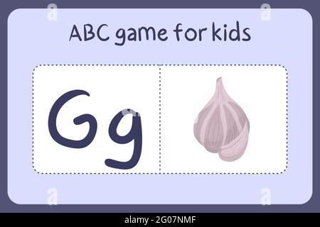 Kind Alphabet Mini-Spiele im Cartoon-Stil mit dem Buchstaben G - Knoblauch. Vektor-Illustration für Spiel-Design - Schneiden und spielen. Lerne abc mit Flash-Karten für Obst und Gemüse. Stock Vektor