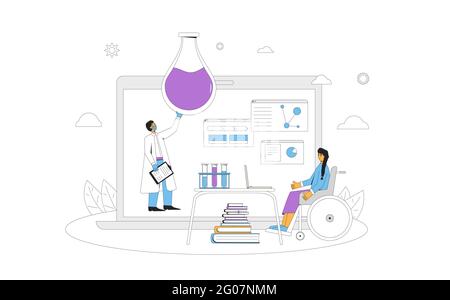 Online-Chemie-Einschluss-Lektion oder Reserch. Digitales Lernen. Die junge Lehrerin zeigt die chemischen Erfahrungen auf dem Computerbildschirm. Internet-Webinar oder o Stock Vektor