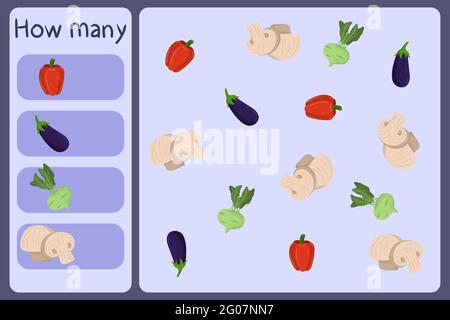 Kids mathematische Mini-Spiel - zählen, wie viele Gemüse - Pfeffer, Auberginen, Kohlrabi, Pilz. Pädagogische Spiele für Kinder. Cartoon Design Vorlage auf bunten Hintergrund. Vektorgrafik. Stock Vektor