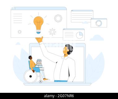 Zu Hause Schulbildung. Persönliche Online-Bildung für Jugendliche. Behinderter junger Mann mit Rollstuhl hat einen Online-Kurs. Lernen der digitalen Integration. Video-Kurs. Stock Vektor