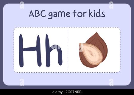 Kind Alphabet Mini-Spiele im Cartoon-Stil mit dem Buchstaben H - Haselnuss. Vektor-Illustration für Spiel-Design - Schneiden und spielen. Lerne abc mit Flash-Karten für Obst und Gemüse. Stock Vektor