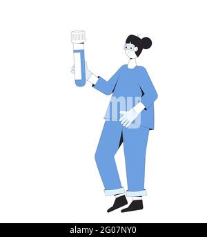 Junge Chemiewissenschaftlerin. Weibliche Figur stehend mit seiner Flasche isoliert auf einem weißen Hintergrund. Forscher mit Versuchsergebnissen. Biotechnologie. Stock Vektor