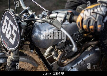 Nahaufnahme des klassischen Trbsa-Motorrads beim Scrambler-Rennen in großbritannien Stockfoto