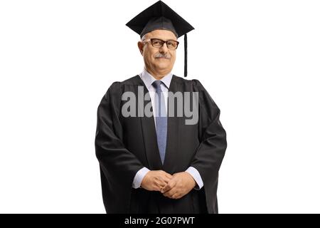 Reifer Mann trägt ein Abschlusskleid isoliert auf weißem Hintergrund Stockfoto