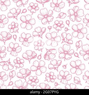 Vektor nahtloses Muster mit handgezeichneten Zweigen und Sakura Blumen auf weißem Hintergrund. Kirschblüten. Hochzeitsmuster, Blumenmuster zum Bedrucken Stock Vektor