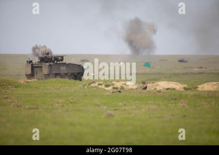 Smardan, Rumänien - 11. Mai 2021: Rumänische Armee Piranha V gepanzerte Fahrzeug auf dem Smardan Schießstand, Südosten Rumäniens Stockfoto