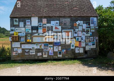 Die inflormale Community Bulletin Board von Anzeigen auf einem Zedernschindelschuppen auf Monhegan Island, Maine. Stockfoto