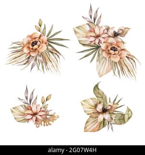 Elegante trockene Blüten, Palmblätter, blasse Orchidee, protea, Eukalyptus, Getrocknete tropische Blätter, florale Elemente.Trendy Winter, Herbst Hochzeit Sträuße, vint Stockfoto