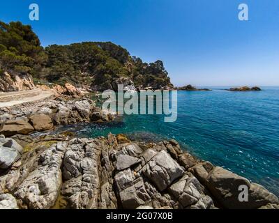 Der spanische Küstenweg an der Costa Brava, auch bekannt als GR92 Cami de Ronda, führt durch eine Bucht in der Nähe von Lloret de Mar Stockfoto