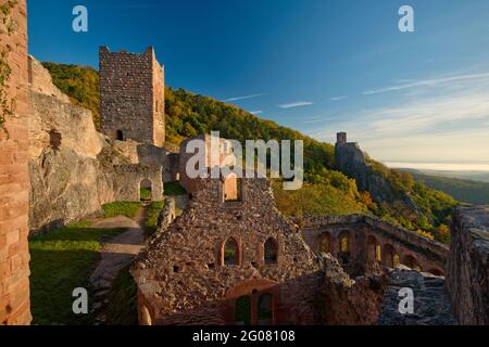 FRANKREICH, HAUT-RHIN (68), RIBEAUVILLE, ST. SCHLOSS ULRICH MIT DER KAPELLE IM VORDERGRUND UND IM HINTERGRUND DIE BURG GIRSBERG Stockfoto