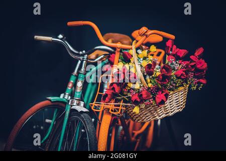 Alte bunte Fahrräder mit Korb von Frühlingsblumen auf dunklem Hintergrund, Low-Key-Foto Stockfoto