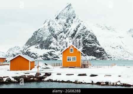 Gelbe Hütten in der Nähe der schneebedeckten Küste der Bergkette auf den Lofoten-Inseln, Norwegen Stockfoto