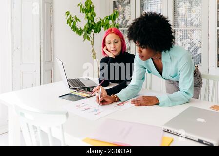 Junge multirassische Modedesignerinnen diskutieren Skizzen für eine neue Kollektion Beim gemeinsamen Arbeiten am Tisch in einem hellen Raum Stockfoto
