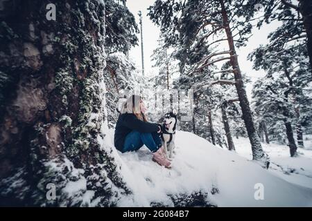 Seitenansicht des Haushundes, der mit einer jungen Dame spielt Schnee zwischen Bäumen im Winterwald Stockfoto