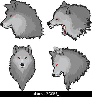 Kopf Wolf isoliert, Aufkleber, Druck oder Tattoo Design Vektor Illustration. Wolf Maskottchen Kopf Vektor Cartoon Stock Vektor