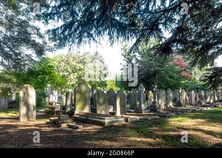Grabsteine auf dem Hanwell Cemetery in London, Großbritannien, erinnern an diejenigen, die vor uns gelebt und gestorben sind. Stockfoto