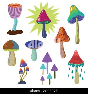 Set von psychedelisch und märchenhaften bunten Pilzen auf weißem Hintergrund isoliert. Vektorgrafik handgezeichnete Illustration. Stock Vektor