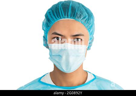 Nahaufnahme Arzt trägt medizinische Maske isoliert Stockfoto