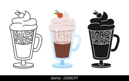 Kaffee Glas Becher Cartoon Set. Linie Symbol, schwarze Glyphe trendy Stil Tasse. Doodle flache Tassen Geschirr Heißgetränk Symbol. Getränke mit Schaumstoff, Branding und Café-Label. Vektorgrafik Stock Vektor