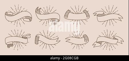 Band mit Sunburst, Vintage Cartoon Bastelpapier Set. Band leer lineare Kollektion, Sonnenstrahlen dekorative Symbole. Hipster-Design, einfaches Sunburst-Band. Qualitätskennzeichen für Etiketten. Vektorgrafik Stock Vektor