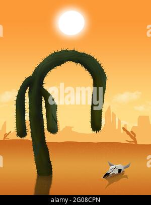 Ein saguaro-Kaktus sabockt und verwelkelt im brüchenden Sonnenschein, als eine Dürre den Westen der USA trifft. Dies ist eine 3-d-Illustration über den schweren Klimawandel Stockfoto