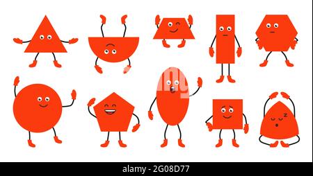 Niedliche rote geometrische Formen mit lächelndem Ausdruck. Einstellen von Symbolen Einfache mathematische Grundformen mit Augen und Händen. Quadrat und Kreis, Ellipse und Dreieck. Lernmaterial. Isolierte Vektordarstellung Stock Vektor