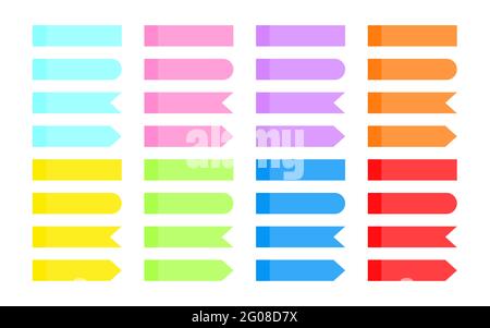 Set mit Notizaufklebern. Farblich überlappender Index für transparentes klebriges Band. Pfeil-Flag-Registerkarten, verschiedene Formen leer Modell. Lesezeichen für Papierklebebänder. Isoliert auf weißer Vektorgrafik Stock Vektor