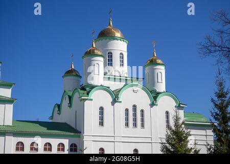 Orthodoxe Kirche mit weißen Wänden und goldenen Kuppeln am blauen Himmel. Stockfoto