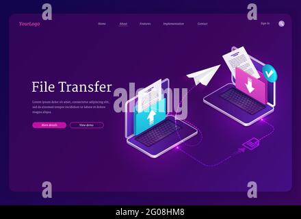 Dateiübertragungs-Banner. Austausch von Daten und Dokumenten zwischen Computern, digitalen Archiven und Datenbanken. Vektor Landing Page mit isometrischen Laptops mit Ordnern und Dateien Stock Vektor