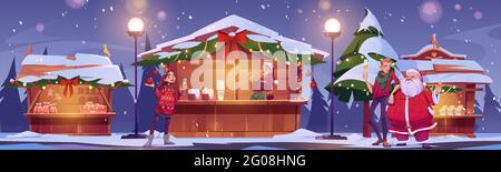 Die Leute besuchen den Weihnachtsmarkt mit dem Weihnachtsmann. Fröhliche Charaktere, die auf dem Wintermarkt Geschenke kaufen, mit Holzständen, die mit Tannenzweigen und Leuchtgirlanden geschmückt sind. Cartoon-Vektorgrafik Stock Vektor