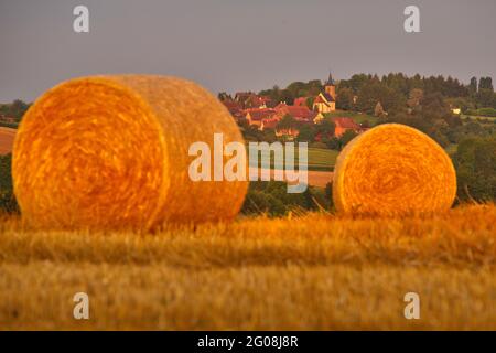 FRANKREICH, BAS-RHIN (67), OUTRE-FOR?T, HOFFEN, ZYLINDRISCHE STROHBALLEN UND HOHWILLER VILLAGE IM HINTERGRUND Stockfoto