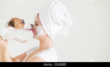 Eine Frau mit einem Handtuch auf den Haaren und einer Tonmaske hält einen Hund. Jack Russell Terrier leckt die Maske vom Gesicht des Besitzers. Stockfoto