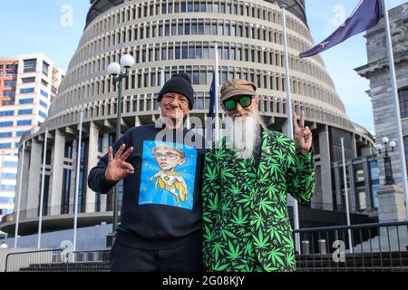 Wellington, Neuseeland, 2. Juni 2021: Die Drogenreformaktivisten Dakta Green (ehemals Kenneth Morgan) und Gary Chiles posieren vor dem Beehive-Gebäude im neuseeländischen Parlament, wo sie häufig an der Fragestunde teilnehmen, wobei Chiles seinen Anzug mit Cannabismuster trägt. Sie setzen ihre Kampagne für die Legalisierung des Freizeitkonsums von Cannabis in Neuseeland fort, obwohl sich eine knappe Mehrheit der Wähler in einem Referendum im Oktober 2020 gegen diesen Schritt ausgesprochen hatte. Die Droge bleibt in Neuseeland illegal. Lynn Grieveson/Alamy Live News Stockfoto