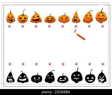 Finde den richtigen Schatten, Halloween Kürbisse mit verschiedenen Gesichtern, Vektor isoliert auf weißem Hintergrund Stock Vektor