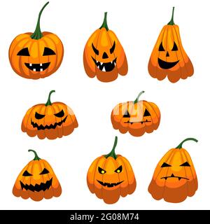 halloween Kürbis Set mit verschiedenen Gesichtern, Vektor isoliert auf weißem Hintergrund Stock Vektor