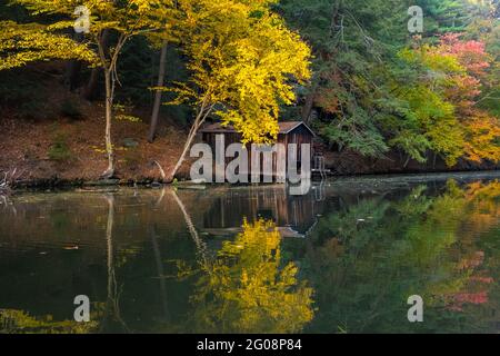 Bootshaus und gelbe Blätter spiegeln sich in Mirror Lake, Wisconsin, USA Stockfoto