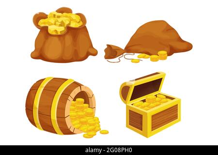 Set Holzfass, Brust und alte Tasche mit glänzenden Goldmünzen, goldenes Nugget im Cartoon-Stil isoliert auf weißem Hintergrund. UI-Asset, Belohnungszeichen, Retro Stock Vektor