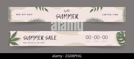 Hallo Sommer. Werbebanner. Zitat Kalligraphie. Vintage Hintergrund mit tropischen Blättern. Vektorgrafik im flachen Stil Stock Vektor