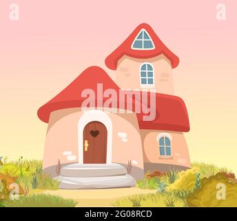 Fabelhaftes lustiges Haus auf Lichtung. Rotes Dach. Graswiese. Morgen. Schöne Cartoon Landschaft Illustration. Holztür und Fenster. Niedliches Baby Stock Vektor