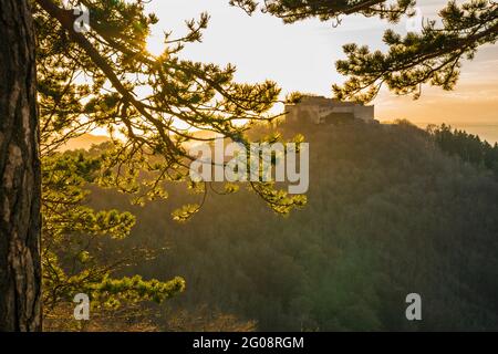 Deutschland, Sonnenuntergang über alten historischen Ruinen und Burgmauer der burg hohenneuffen auf einem Berg in der schwäbischen alb Naturlandschaft Stockfoto