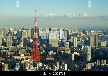 Blick auf die Skyline von Tokio und den Tokyo Tower von der Aussichtsplattform Tokyo City View, Roppongi Hills, Mori Tower, Tokio, Japan Stockfoto