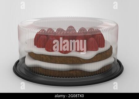 3D Rendering eine leere transparente Kuchen Behälter isoliert auf weißem Hintergrund mit schwarzer Basis. Fit für Ihr Design-Projekt. Hinzugefügt Erdbeerkuchen. Stockfoto