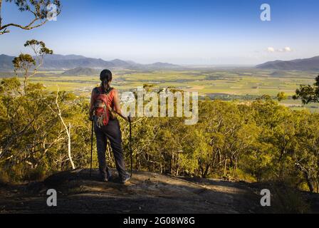 Eine alleinstehende Wanderin mit Wanderstöcken steht auf dem natürlichen Aussichtspunkt auf dem Pyramid-Wanderweg in Gordonvale, Queensland, Australien. Stockfoto