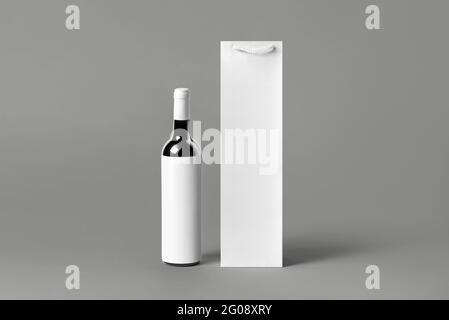 Blank hohe Weißwein Flasche Beutel Mockup Set, isoliert, 3d-Rendering. Leere Tragetasche für Wein oder Wodka-Nachbau. Transparente Papierverpackung passend für Stor Stockfoto