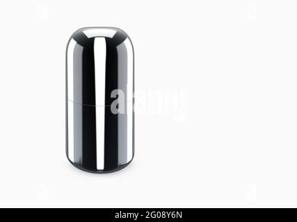 Schwarz glänzende Duschgel Flasche Mockup vom Hintergrund isoliert: Duschgel Metall Paket Design. Leere Vorlage für Hygiene, medizinische, Körper- oder Gesichtspflege. Stockfoto