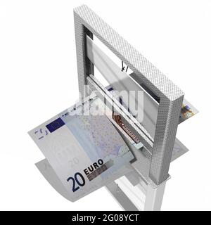 Nahaufnahme, auf weißem Hintergrund aus Banknote und Guillotine geschnitten. Symbol für Verkäufe, Rabatte, Einsparungen bei Einkäufen. 3D-Illustration. Stockfoto