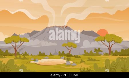 Vulkan tropische Natur Landschaft Vektorgrafik. Cartoon Berg wilde Landschaft bei Sonnenuntergang, aktiver Vulkan mit Rauch, exotische Grasbäume, Naturkatastrophe Abenteuer Szene Hintergrund Stock Vektor